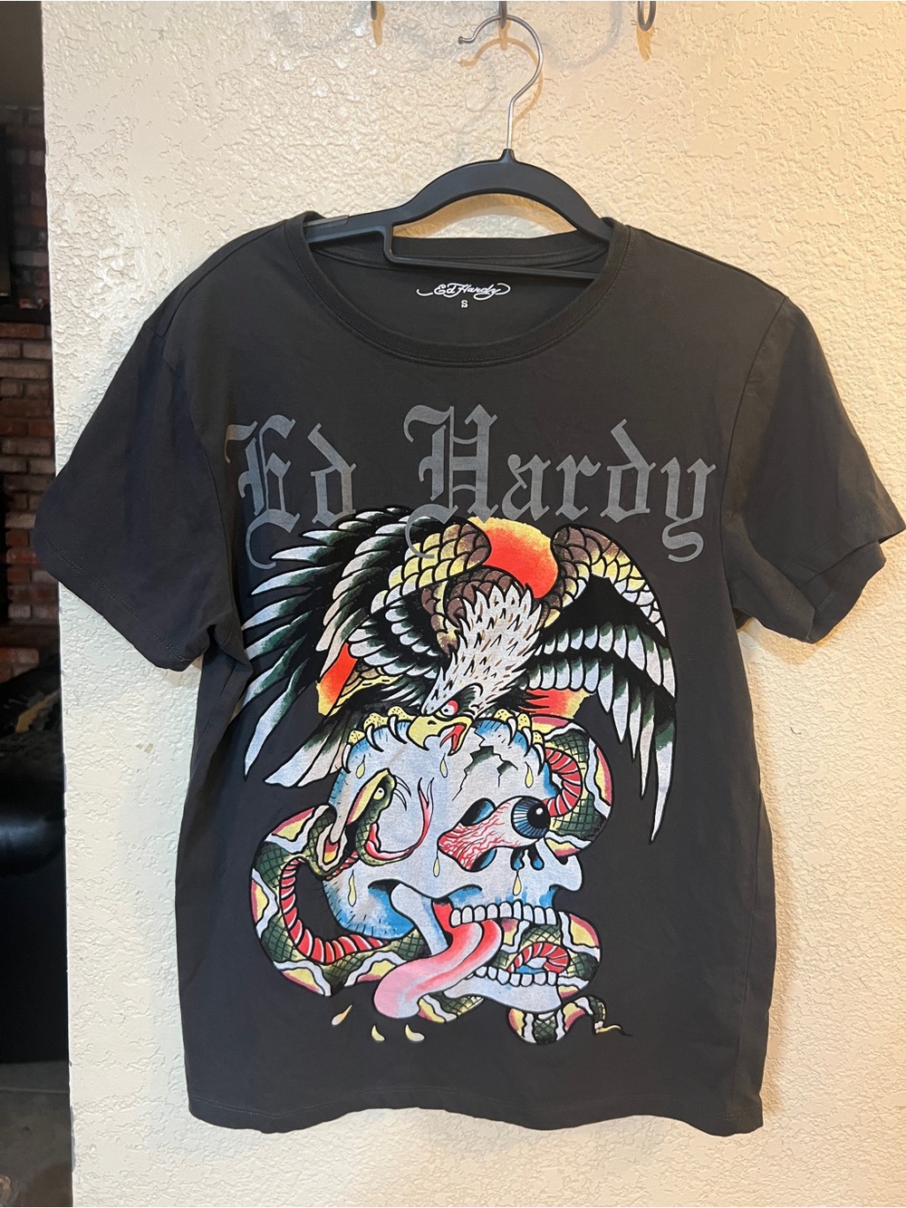 Ed Hardy Black Tee with Eagle, Skull & Snake Graphic